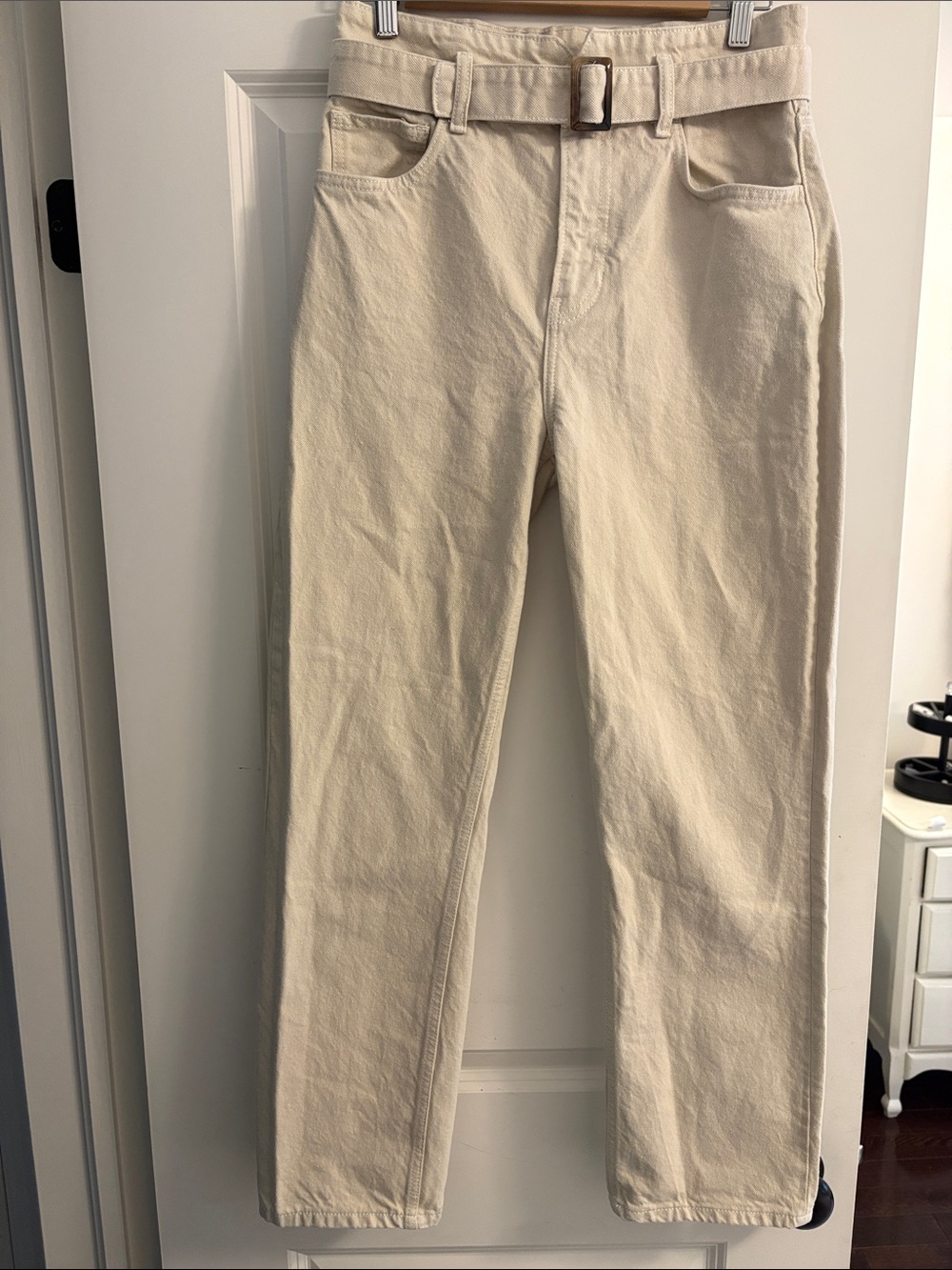 Reformation High-Rise Straight Jeans in Cream with Fabric Belt